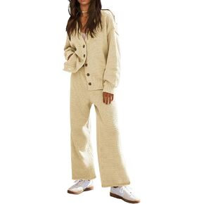 Fazortev Womens 2 Piece Outfits V Neck Cardigan Sweater Knit Sweater Lounge Sets Loungewear