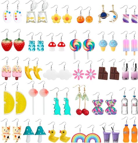 ريوسو 30 زوج من الاقراط المتدلية اللطيفة والمرحة الغريبة غير التقليدية للنساء، اقراط كاواي مبتكرة فريدة من نوعها بتصميم فطر وبطة ومصاصة وفراولة وكرز ودب جامي وزهور متدلية in Kuwait