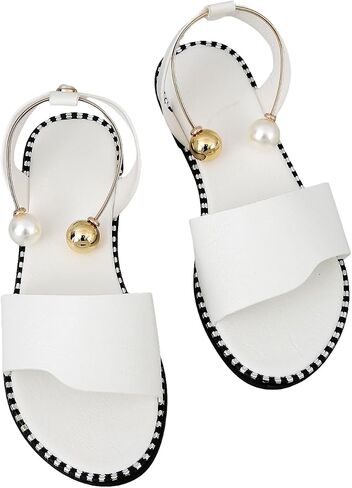OYOANGLE Women's PU Leather Open Toe Ankle Strap Flat Sandals Pearl Decor Single Band Casual Sandal in Saudi Arabia