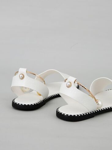 OYOANGLE Women's PU Leather Open Toe Ankle Strap Flat Sandals Pearl Decor Single Band Casual Sandal in Saudi Arabia
