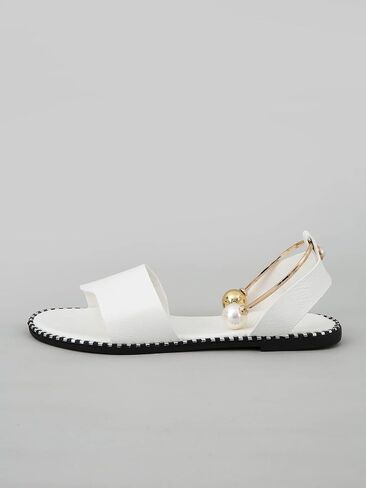 OYOANGLE Women's PU Leather Open Toe Ankle Strap Flat Sandals Pearl Decor Single Band Casual Sandal in Saudi Arabia