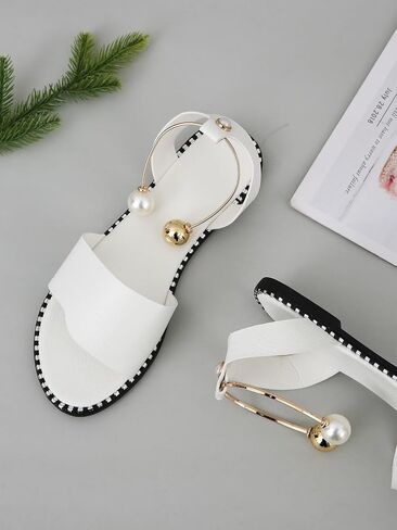OYOANGLE Women's PU Leather Open Toe Ankle Strap Flat Sandals Pearl Decor Single Band Casual Sandal in Saudi Arabia
