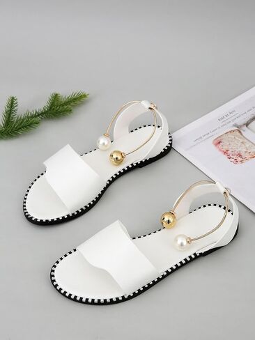 OYOANGLE Women's PU Leather Open Toe Ankle Strap Flat Sandals Pearl Decor Single Band Casual Sandal in Saudi Arabia