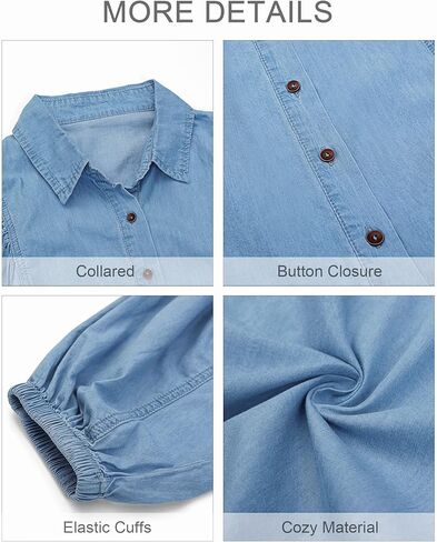 LookbookStore 2023 قميص دينيم المرأة زر أسفل شامبراي المتضخم نفخة الأكمام البلوزات المتعثرة الغربية جان القمم in Kuwait