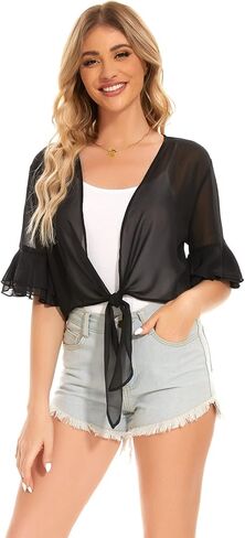 سترة JASGOOD نسائية من الشيفون نصف كم وربطة أمامية قصيرة وشفافة بوليرو مفتوحة من الأمام in Kuwait