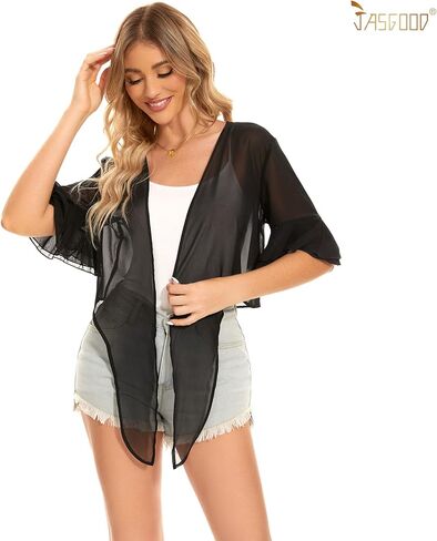 سترة JASGOOD نسائية من الشيفون نصف كم وربطة أمامية قصيرة وشفافة بوليرو مفتوحة من الأمام in Kuwait