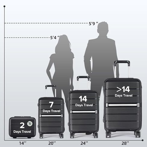 Luggage 4 Piece Set, Suitcases with Spinner Wheels for Travel, Hardshell Suitcase with TSA Lock, Large Expandable Suitcase Set for Men and Women (Black, 14/20/24/28in) in Kuwait