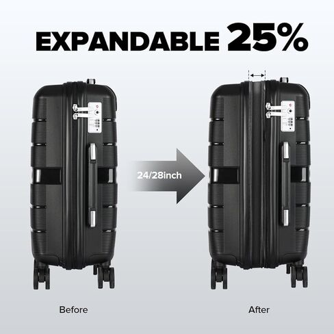 Luggage 4 Piece Set, Suitcases with Spinner Wheels for Travel, Hardshell Suitcase with TSA Lock, Large Expandable Suitcase Set for Men and Women (Black, 14/20/24/28in) in Kuwait