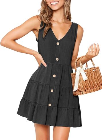 MITILLY Women's Casual T-Shirt Dresses Sleeveless V Neck Button Down A Line Loose Swing Short Dress with Pockets in Kuwait