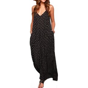 LILBETTER Women V-Neck Polka Dot Print Spaghetti Strap Boho Long Maxi Dresses in Kuwait