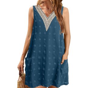 KIDDAD Women's Casual Swimsuit Coverups V Neck Sleeveless Summer Dress Lace Swiss Dot Pockets Tank Dress in Saudi Arabia