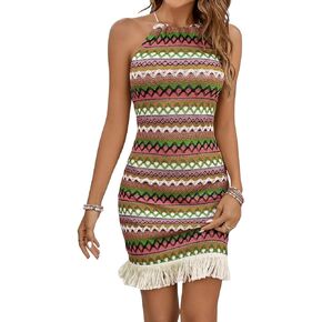 Verdusa Women's Sleeveless Halter Neck Striped Chevron Print Fringe Hem Boho Cami Mini Dress