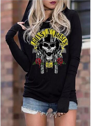 Guns N' Rose Graphic Hoodie Shirt for Women Rock Band Music T-Shirt Vintage Skull Rose Long Sleeve Pullover Tops in Saudi Arabia