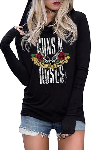 Guns N' Rose Graphic Hoodie Shirt for Women Rock Band Music T-Shirt Vintage Skull Rose Long Sleeve Pullover Tops in Saudi Arabia
