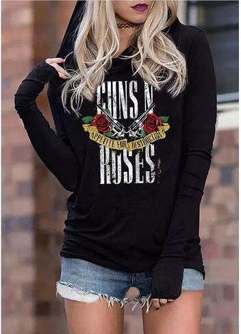 Guns N' Rose Graphic Hoodie Shirt for Women Rock Band Music T-Shirt Vintage Skull Rose Long Sleeve Pullover Tops in Saudi Arabia
