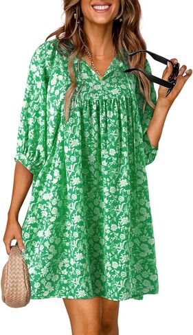 Dokotoo Womens Summer Dresses 2024 Boho Floral Drawstring V Neck Chiffon Lantern Sleeve Casual Beach Mini Dress Sundress in Saudi Arabia
