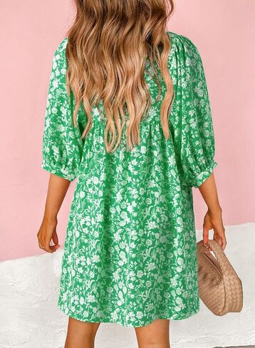 Dokotoo Womens Summer Dresses 2024 Boho Floral Drawstring V Neck Chiffon Lantern Sleeve Casual Beach Mini Dress Sundress in Saudi Arabia