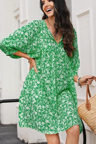 Dokotoo Womens Summer Dresses 2024 Boho Floral Drawstring V Neck Chiffon Lantern Sleeve Casual Beach Mini Dress Sundress in Saudi Arabia