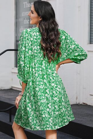 Dokotoo Womens Summer Dresses 2024 Boho Floral Drawstring V Neck Chiffon Lantern Sleeve Casual Beach Mini Dress Sundress in Saudi Arabia