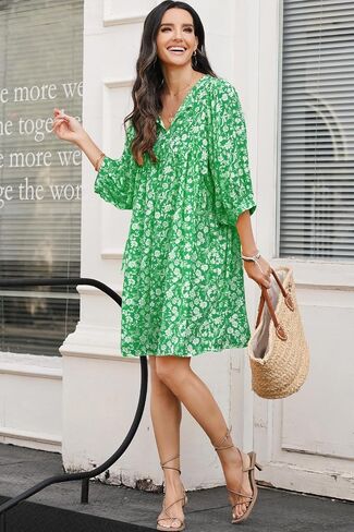 Dokotoo Womens Summer Dresses 2024 Boho Floral Drawstring V Neck Chiffon Lantern Sleeve Casual Beach Mini Dress Sundress in Saudi Arabia