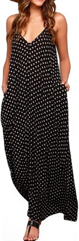 LILBETTER Women V-Neck Polka Dot Print Spaghetti Strap Boho Long Maxi Dresses in Kuwait