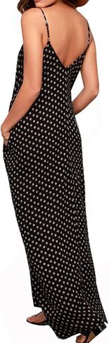 LILBETTER Women V-Neck Polka Dot Print Spaghetti Strap Boho Long Maxi Dresses in Kuwait