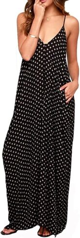 LILBETTER Women V-Neck Polka Dot Print Spaghetti Strap Boho Long Maxi Dresses in Kuwait