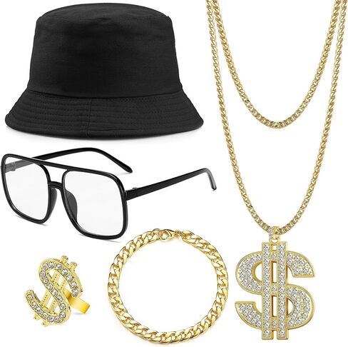 مجموعة أزياء مغني الراب الهيب هوب من RIOSO 80s 90s للرجال سلسلة ذهبية مزيفة علامة المال قلادة الهيب هوب مغني الراب إكسسوارات الزي مجوهرات in Kuwait