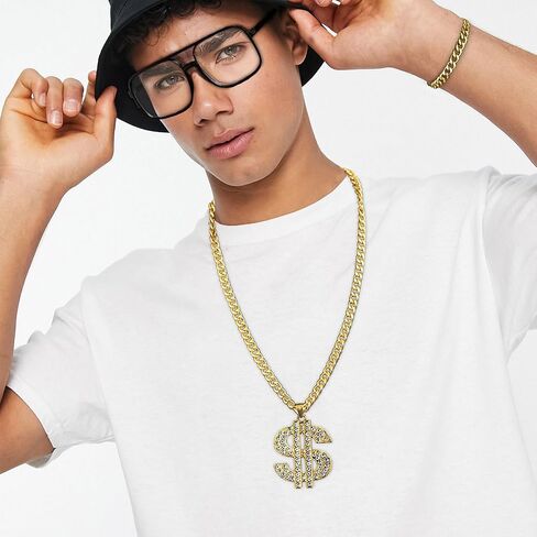 مجموعة أزياء مغني الراب الهيب هوب من RIOSO 80s 90s للرجال سلسلة ذهبية مزيفة علامة المال قلادة الهيب هوب مغني الراب إكسسوارات الزي مجوهرات in Kuwait