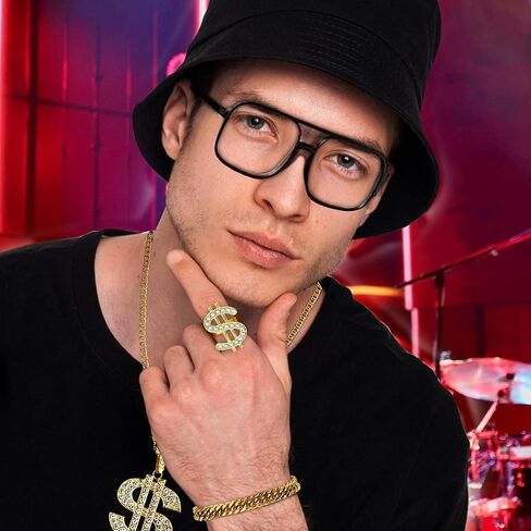 مجموعة أزياء مغني الراب الهيب هوب من RIOSO 80s 90s للرجال سلسلة ذهبية مزيفة علامة المال قلادة الهيب هوب مغني الراب إكسسوارات الزي مجوهرات in Kuwait