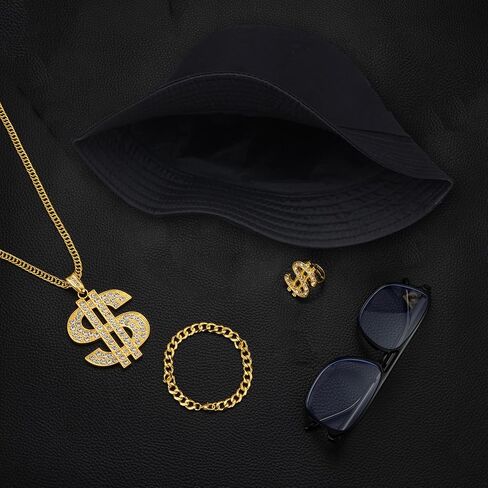 مجموعة أزياء مغني الراب الهيب هوب من RIOSO 80s 90s للرجال سلسلة ذهبية مزيفة علامة المال قلادة الهيب هوب مغني الراب إكسسوارات الزي مجوهرات in Kuwait