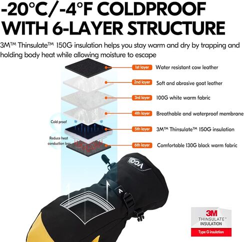 Vgo... -20 درجة مئوية/-4 درجات فهرنهايت أو أعلى قفازات تزلج دافئة من جلد البقر للرجال والنساء، قفازات ثينسوليت مقاومة للماء 3M (CA2472FLWP) in Kuwait