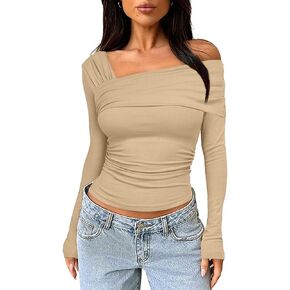 VNIRA Women’s Off Shoulder Long Sleeve Tops Asymmetrical Neck Ruched Slim Fit Cute Y2K Crop Top Going Out Party Blouse in Kuwait