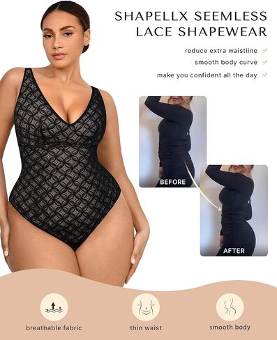 بدلات الجسم من الدانتيل من SHAPELLX للنساء للتحكم في البطن باللون الأسود لملابس داخلية بدون ظهر in Kuwait