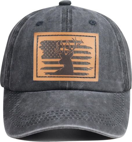HHNLB Leather American Flag and Deer Skull Hunting Hat, Adjustable Wash Cotton Baseball Cap for Men Women in Saudi Arabia