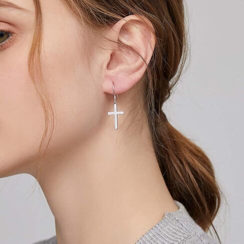 Han han 18K White Gold Plated Cross Earrings for Women, 925 Sterling Silver Cross Dangle Earrings, Simple Cross Hoop Earrings for Men Women, Silver/Rose Gold/Gold Color Cross Jewelry in Saudi Arabia