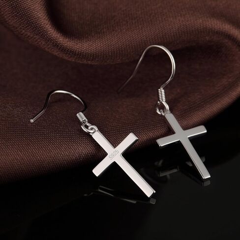 Han han 18K White Gold Plated Cross Earrings for Women, 925 Sterling Silver Cross Dangle Earrings, Simple Cross Hoop Earrings for Men Women, Silver/Rose Gold/Gold Color Cross Jewelry in Saudi Arabia