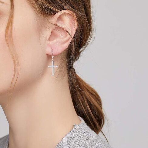 Han han 18K White Gold Plated Cross Earrings for Women, 925 Sterling Silver Cross Dangle Earrings, Simple Cross Hoop Earrings for Men Women, Silver/Rose Gold/Gold Color Cross Jewelry in Saudi Arabia