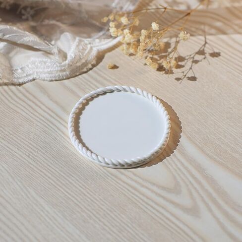 طبق حلية من السيراميك من VINCOMIC مع حواف جديلة مصنوعة يدويًا، صينية مجوهرات دائرية للخواتم، أبيض، عيد الأم للنساء in Kuwait