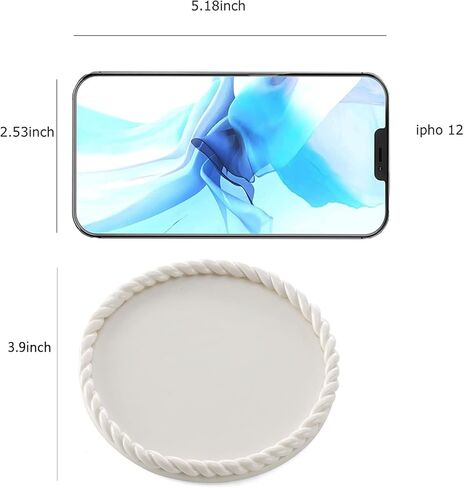 طبق حلية من السيراميك من VINCOMIC مع حواف جديلة مصنوعة يدويًا، صينية مجوهرات دائرية للخواتم، أبيض، عيد الأم للنساء in Kuwait