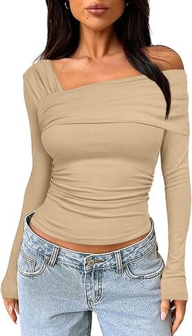 VNIRA Women’s Off Shoulder Long Sleeve Tops Asymmetrical Neck Ruched Slim Fit Cute Y2K Crop Top Going Out Party Blouse in Kuwait