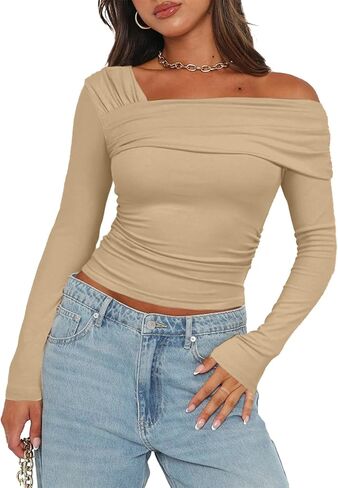VNIRA Women’s Off Shoulder Long Sleeve Tops Asymmetrical Neck Ruched Slim Fit Cute Y2K Crop Top Going Out Party Blouse in Kuwait