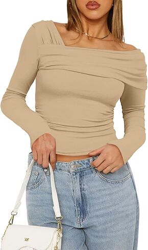 VNIRA Women’s Off Shoulder Long Sleeve Tops Asymmetrical Neck Ruched Slim Fit Cute Y2K Crop Top Going Out Party Blouse in Kuwait