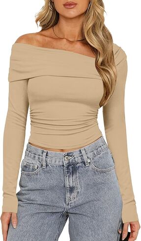 VNIRA Women’s Off Shoulder Long Sleeve Tops Asymmetrical Neck Ruched Slim Fit Cute Y2K Crop Top Going Out Party Blouse in Kuwait