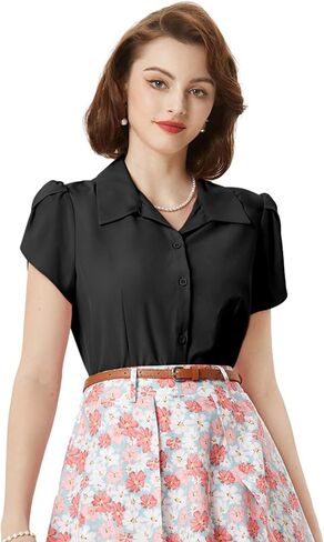 بلوزة Belle Poque صيفية بأكمام قصيرة وأزرار سفلية للنساء برقبة على شكل حرف V وقمصان كاجوال للأعمال in Saudi Arabia