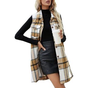 سترة Xaspee النسائية الكاجوال المصنوعة من خليط الفلانيل المنقوش بأزرار سفلية بدون أكمام طويلة in Kuwait