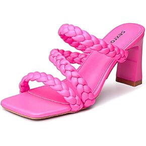 sexrosly Women's Braided Heels Sandals Strappy Square Toe Chunky Block Heel Mules Slip On Sexy Dress Wedding High Heel Slippers Matte Leather PU Slide Sandal in Kuwait