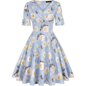 MINTLIMIT Women's 1950s Vintage Wrap V Neck Half Sleeve Retro Floral Cocktail Dresses A-line Swing Dress in Saudi Arabia