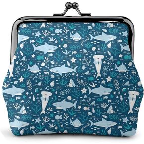Cartoon Blue Sharks With Sealife Leather Coin Purse Small Kiss-Lock Change Pouch Clasp Closure Buckle Wallet for Women Girl in Kuwait