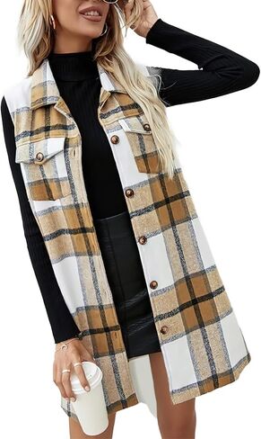 سترة Xaspee النسائية الكاجوال المصنوعة من خليط الفلانيل المنقوش بأزرار سفلية بدون أكمام طويلة in Kuwait